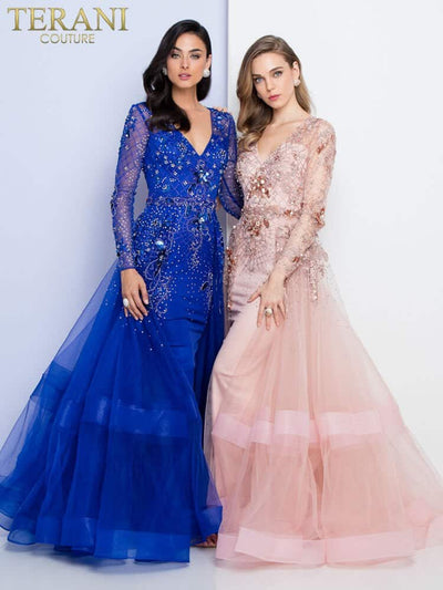 Long Sleeve V Neck Sheer Beaded Ball Gown - 1722M4354
