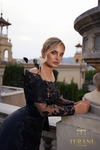 Illusion Neck Mikado & Beaded Tulle A-Line Gown with Long Off-Shoulder Sleeves - 261M6410