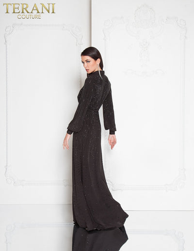 Long Sleeve Low V Neck Beaded Collared High Slit Long Dress - 1812E6274