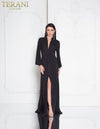 Long Sleeve Low V Neck Beaded Collared High Slit Long Dress - 1812E6274