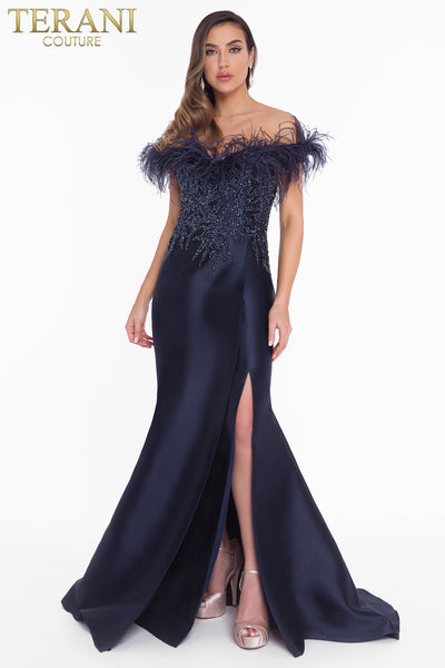 Off-Shoulder Feather Neckline Beaded High Slit Mermaid Long Dress - 1821E7142