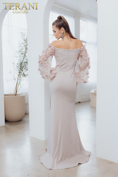 Off Shoulder Floral Accent Puff Sleeves Gown- 1911E9128