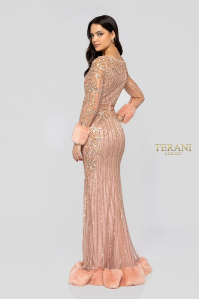 Long Sleeve V Neck Heavy Beaded Fur Detail Long Dress - 1911GL9499