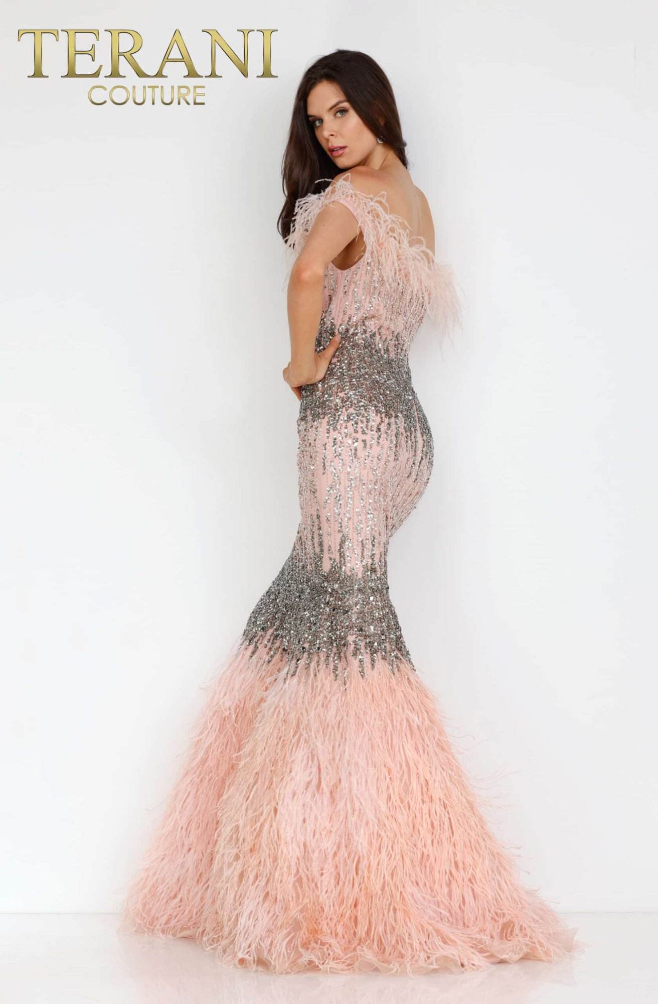 Ostrich Feather Fringed Bejeweled Mermaid Gown - 1911GL9512