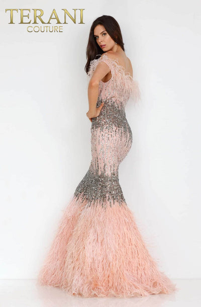 Ostrich Feather Fringed Bejeweled Mermaid Gown - 1911GL9512