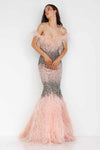 Ostrich Feather Fringed Bejeweled Mermaid Gown - 1911GL9512