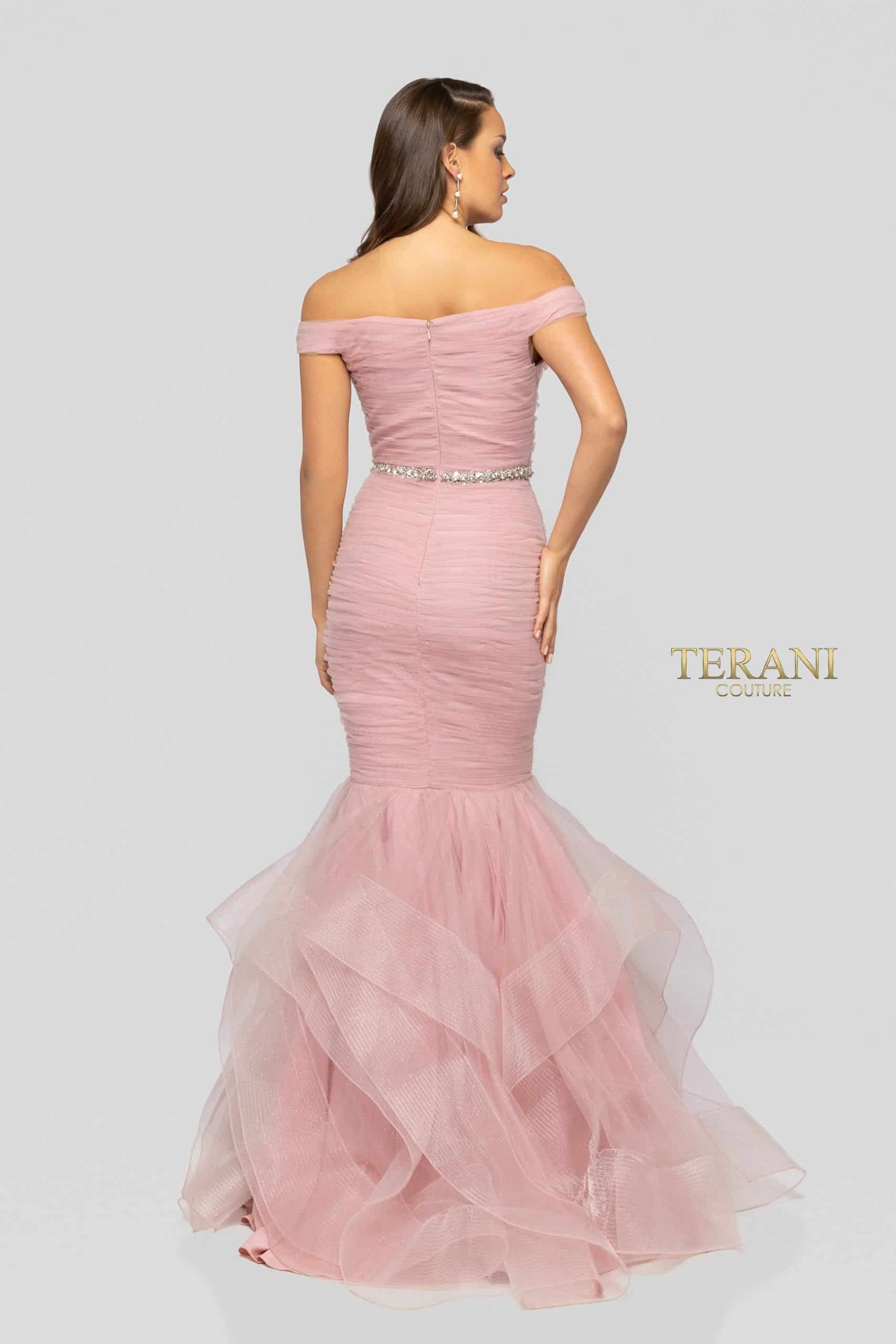 Off-Shoulder Beaded Waist Glitter Tulle Long Dress - 1911P8366G