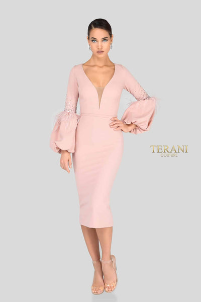Long Balloon Sleeves Low V Neck Cocktail Dress - 1912C9643