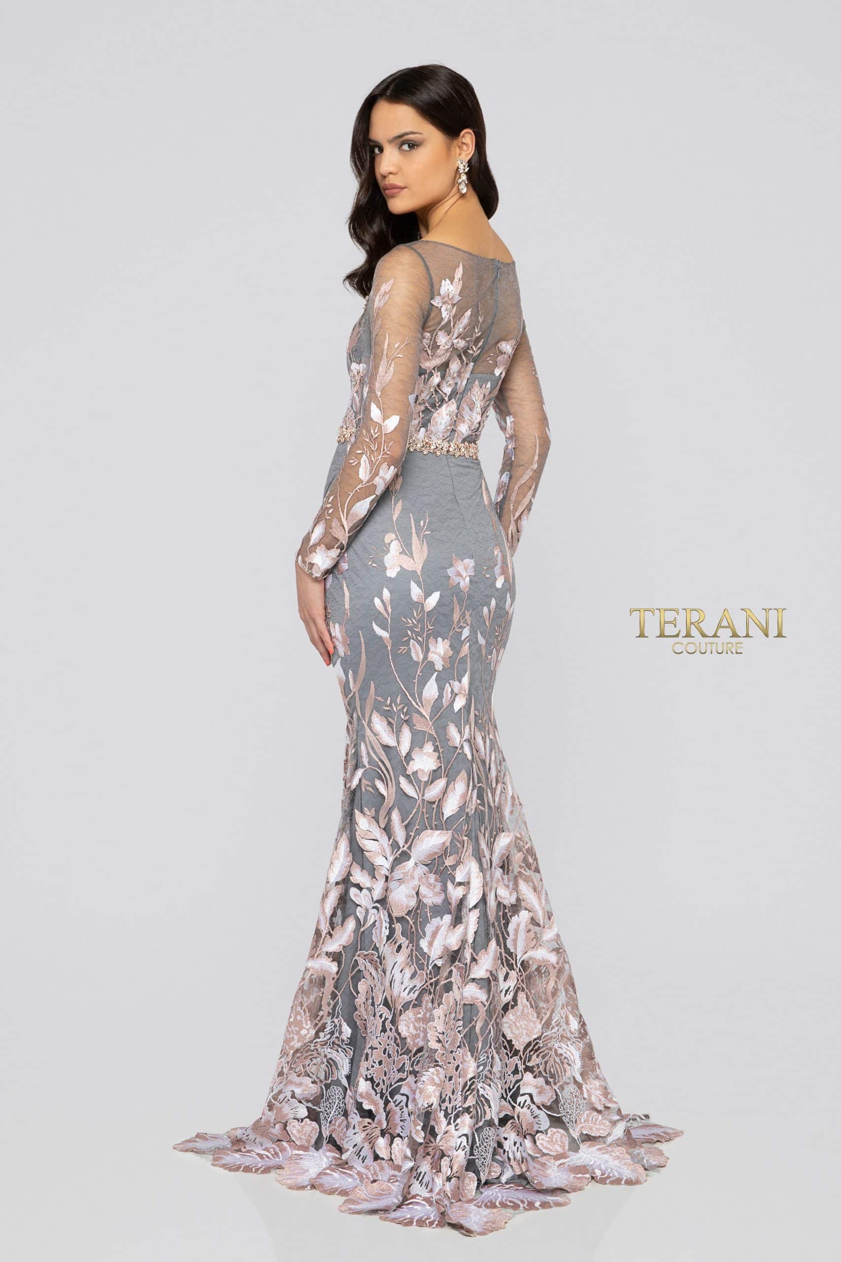 Sheer Long Sleeves Embroidery Detail Low V Neck High Slit Long Gown - 1912E9159