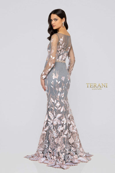 Sheer Long Sleeves Embroidery Detail Low V Neck High Slit Long Gown - 1912E9159