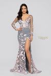 Sheer Long Sleeves Embroidery Detail Low V Neck High Slit Long Gown - 1912E9159