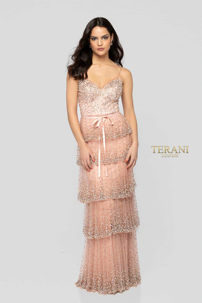 Dusty Rose Spaghetti Strap Heavy Beaded Tiered Skirt Pageant Dress -1912GL9560