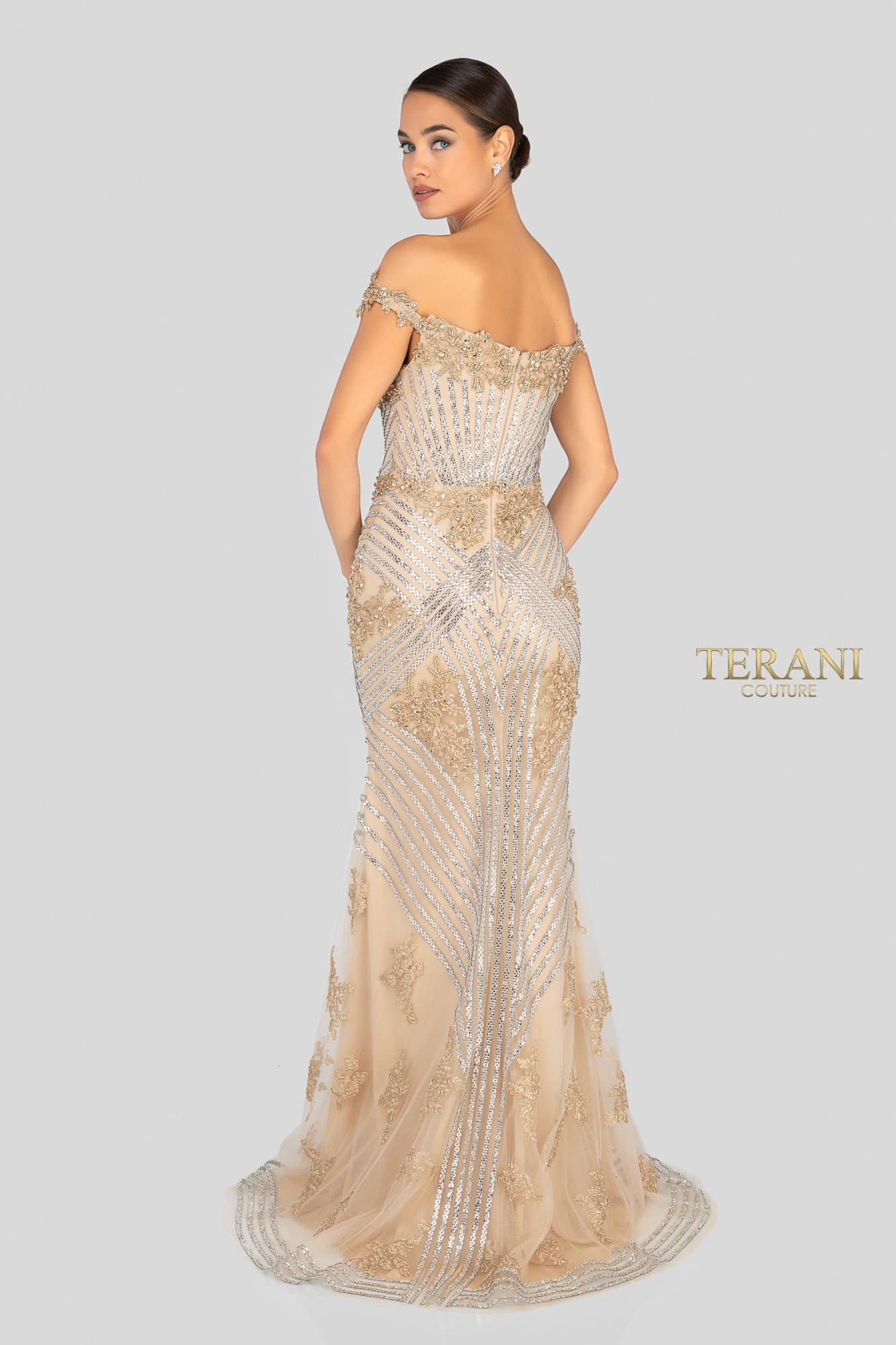 Sparkling Off Shoulder Slit Evening Gown - 1912GL9572