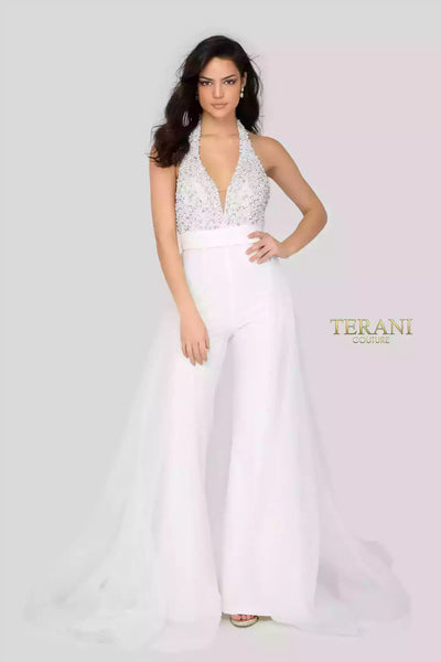 Beaded Halter Low V Neck Pantsuit with Overskirt - 1912P8208