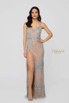 Low Neck Beaded Detail Spaghetti Strap Low Back High Slit Long Dress - 1912P8222