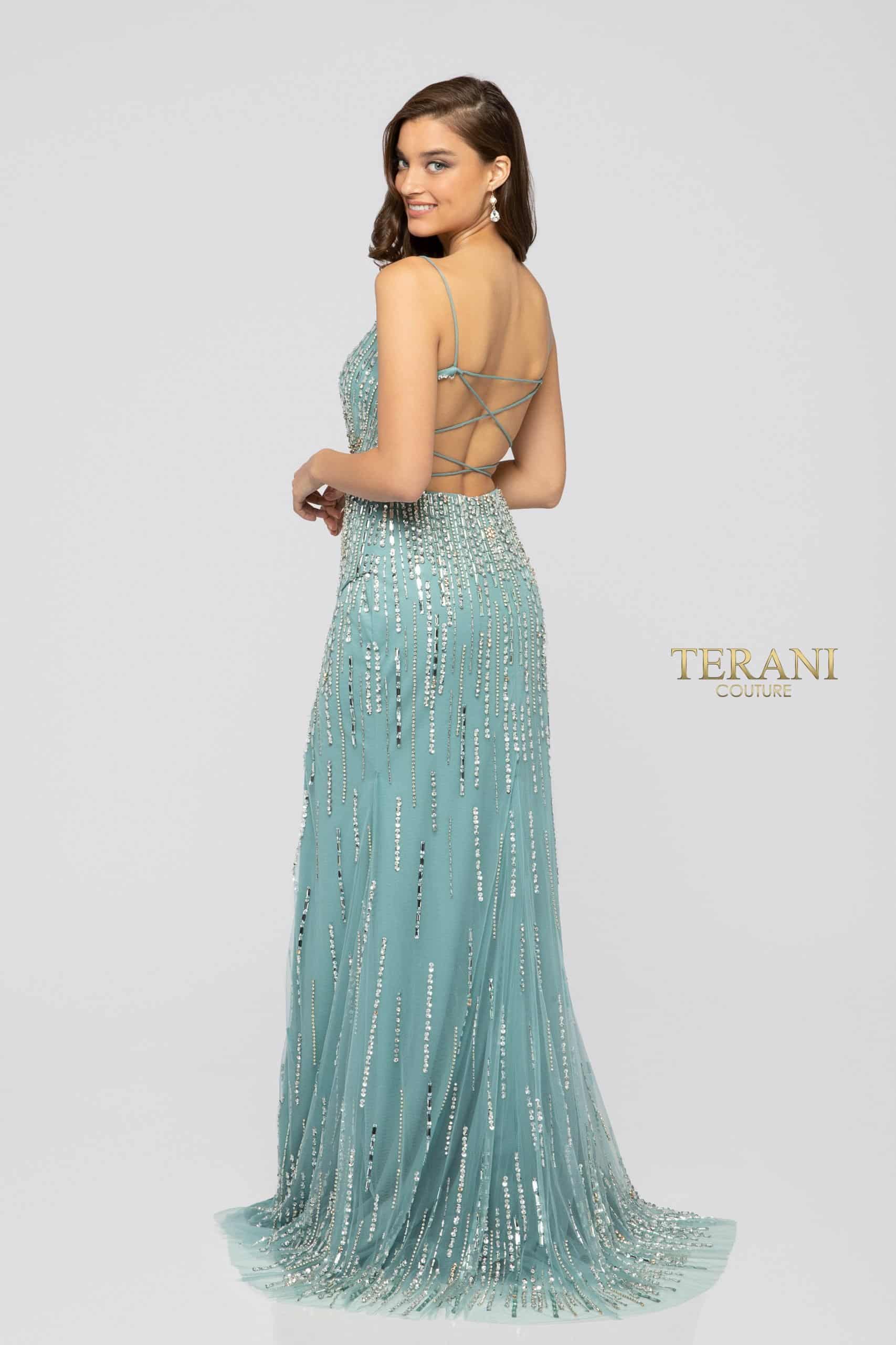Beaded Spaghetti Strap Criss Cross Back High Slit Long Dress - 1912P8232