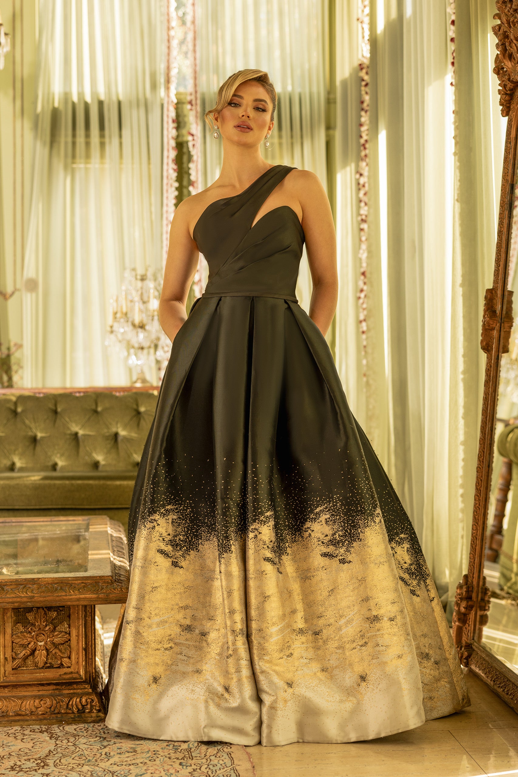 one shoulder black and gold dress Black and Gold One Shoulder Tiered Ruffle A-Line Gown main image 0