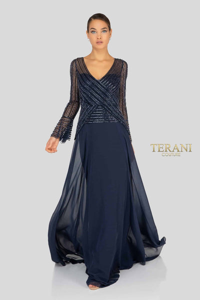 Long Sleeve V Neck Beaded Flowy Long Dress - 1913M9403