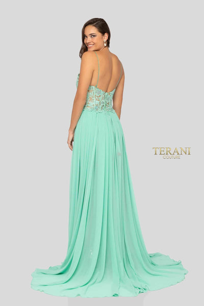 Spaghetti Strap V Neck Beaded Flowy High Slit Long Dress - 1913P8324