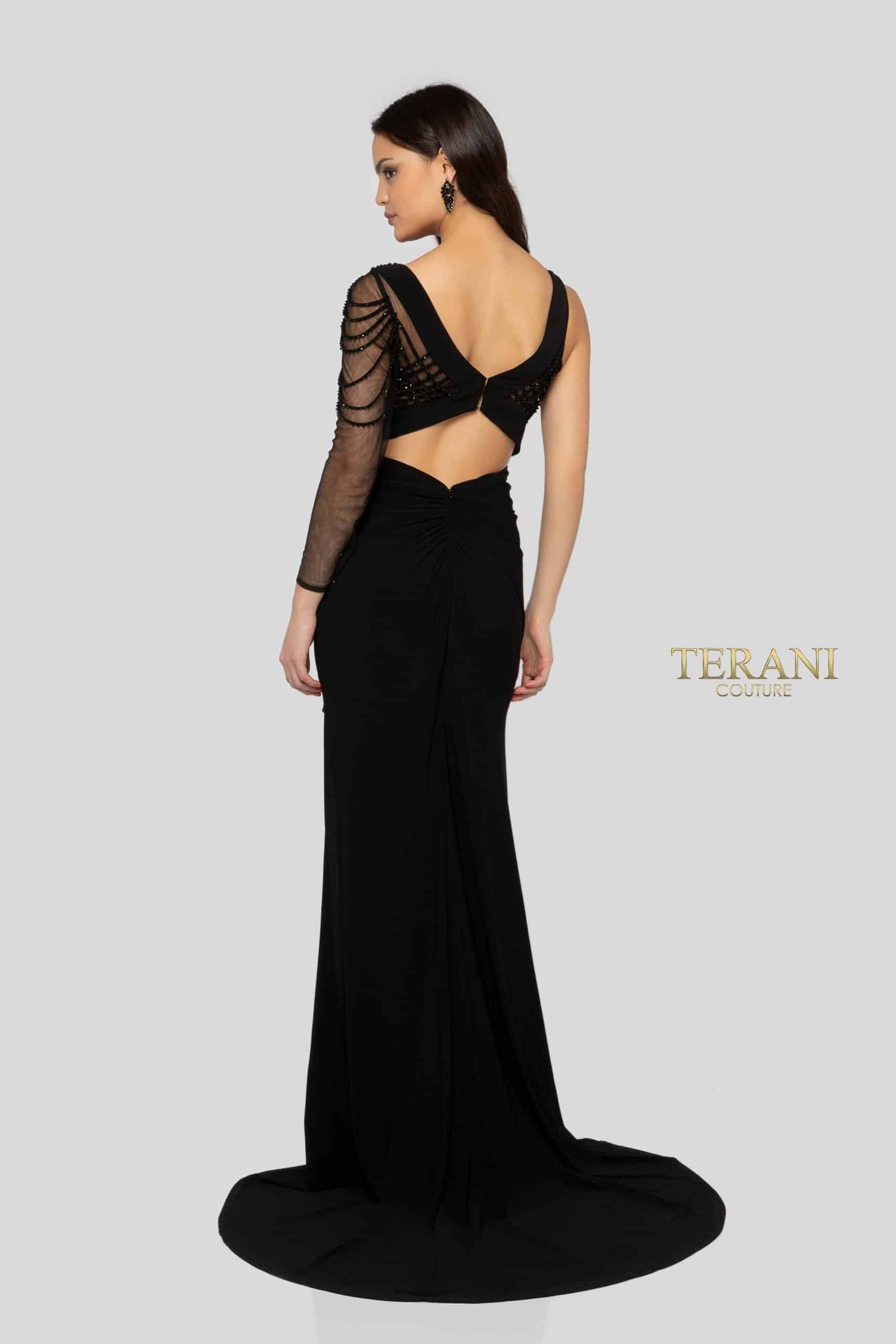 One Sleeve Cutout Sheer Detailing High Slit Long Dress - 1913P8392