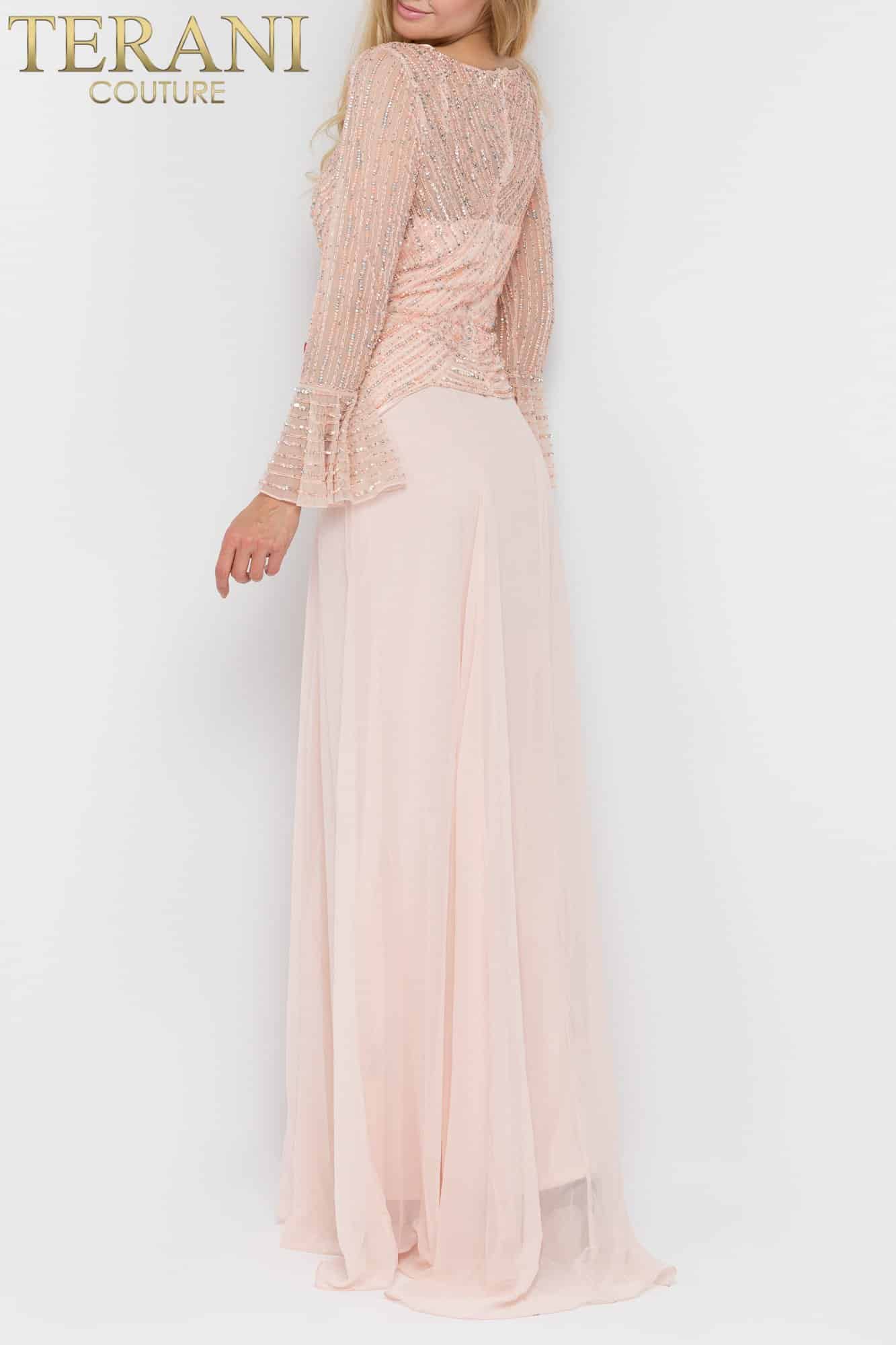 Long Sleeve V Neck Beaded Flowy Long Dress - 1913M9403