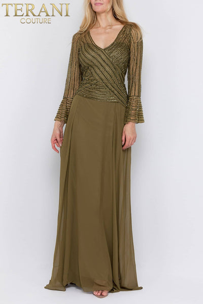 Long Sleeve V Neck Beaded Flowy Long Dress - 1913M9403