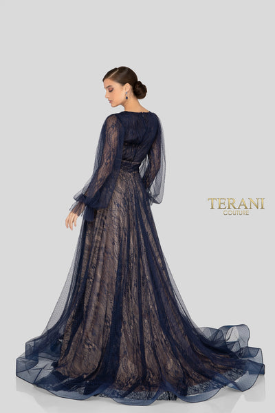 Deep Neck Long Sleeves Flowy Long Dress - 1913M9414