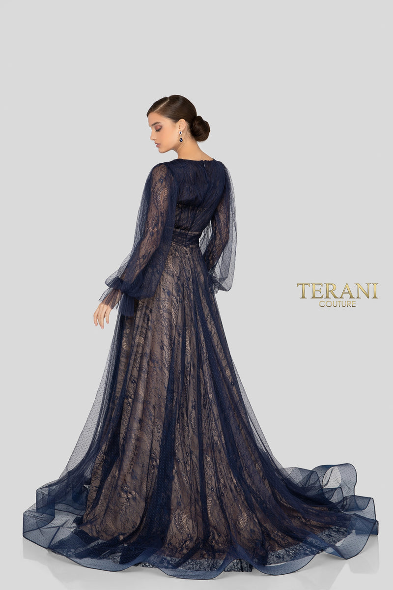 Deep Neck Long Sleeves Flowy Long Dress - 1913M9414