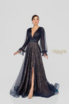 Deep Neck Long Sleeves Flowy Long Dress - 1913M9414
