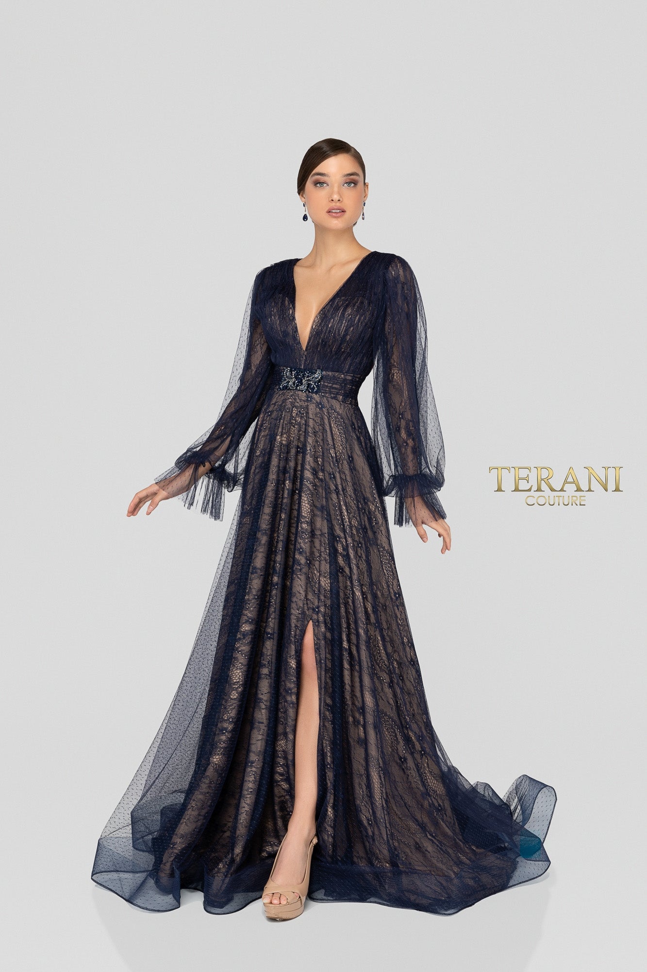 Deep Neck Long Sleeves Flowy Long Dress - 1913M9414
