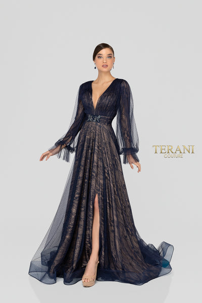 Deep Neck Long Sleeves Flowy Long Dress - 1913M9414
