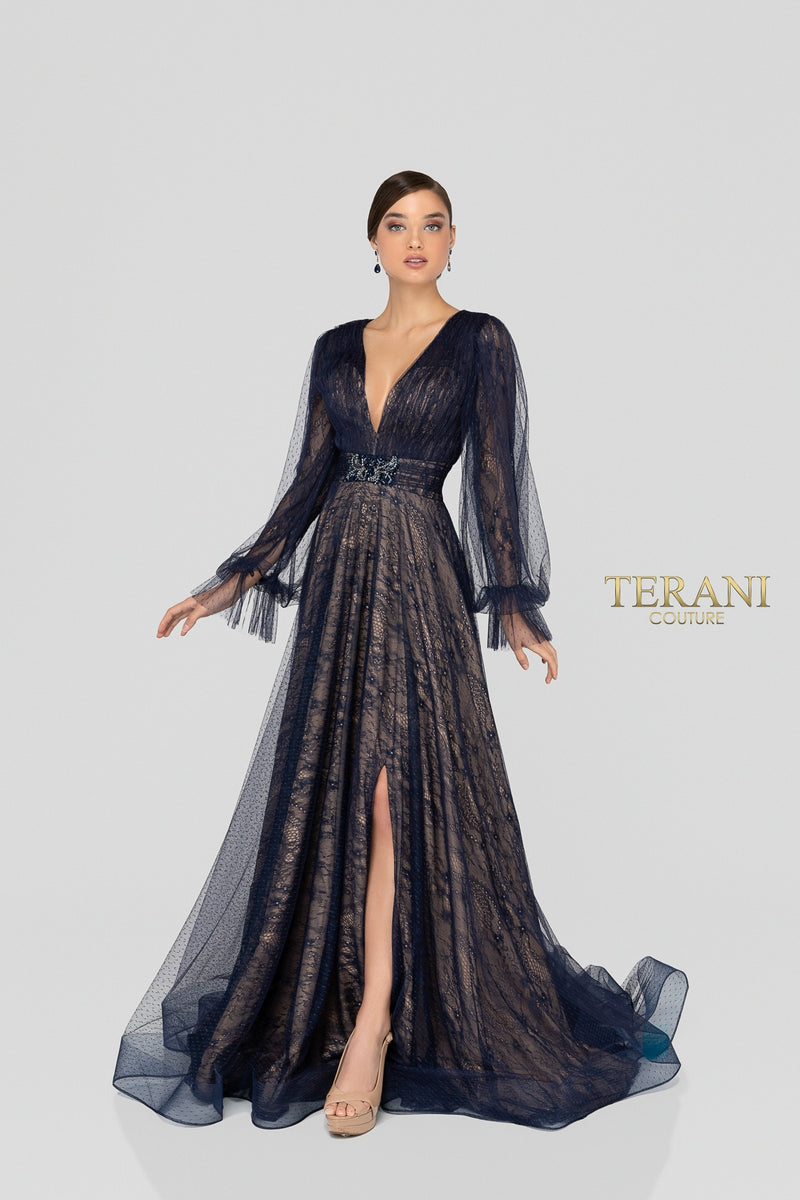 Deep Neck Long Sleeves Flowy Long Dress - 1913M9414