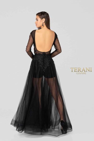 Sheer Long Sleeves Low V Neck Plunging Back Long Tulle Ball Gown - 1915P8344