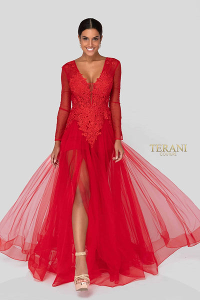 Sheer Long Sleeves Low V Neck Plunging Back Long Tulle Ball Gown - 1915P8344