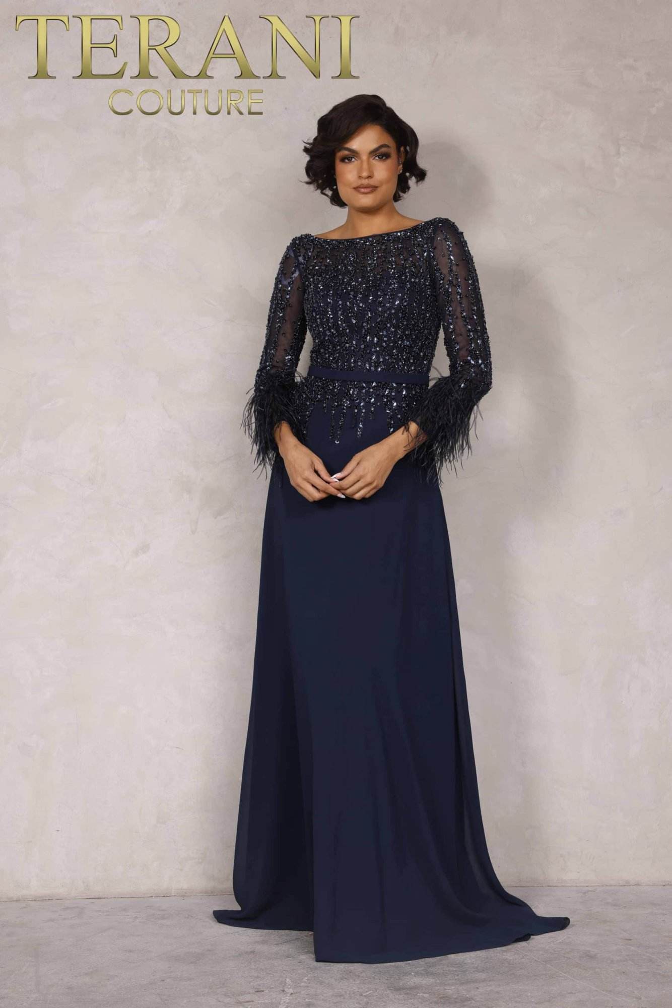 Chiffon Skirt Gown with Feather Accented Sleeves - 1921M0473