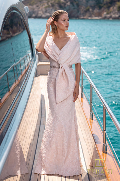 Draped off Shoulder Stretch Jacquard Gown - 1921M0726