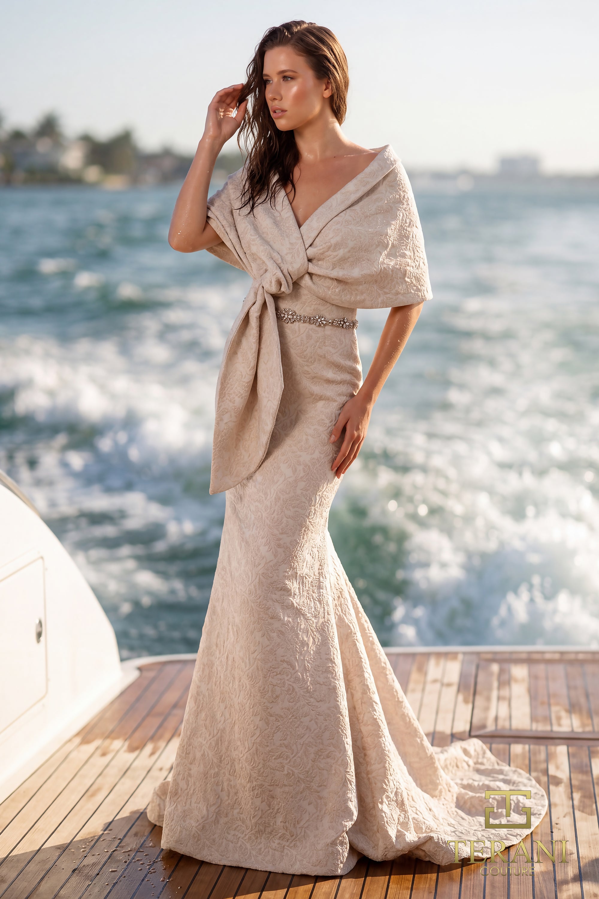 Draped off Shoulder Stretch Jacquard Gown - 1921M0726