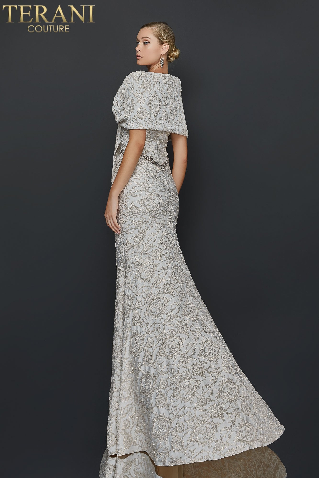 Draped off Shoulder Stretch Jacquard Gown - 1921M0726