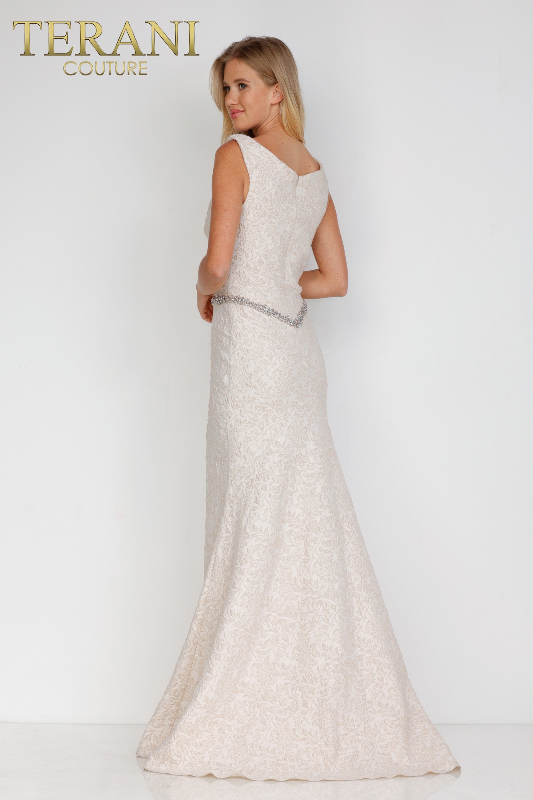 Draped off Shoulder Stretch Jacquard Gown - 1921M0726