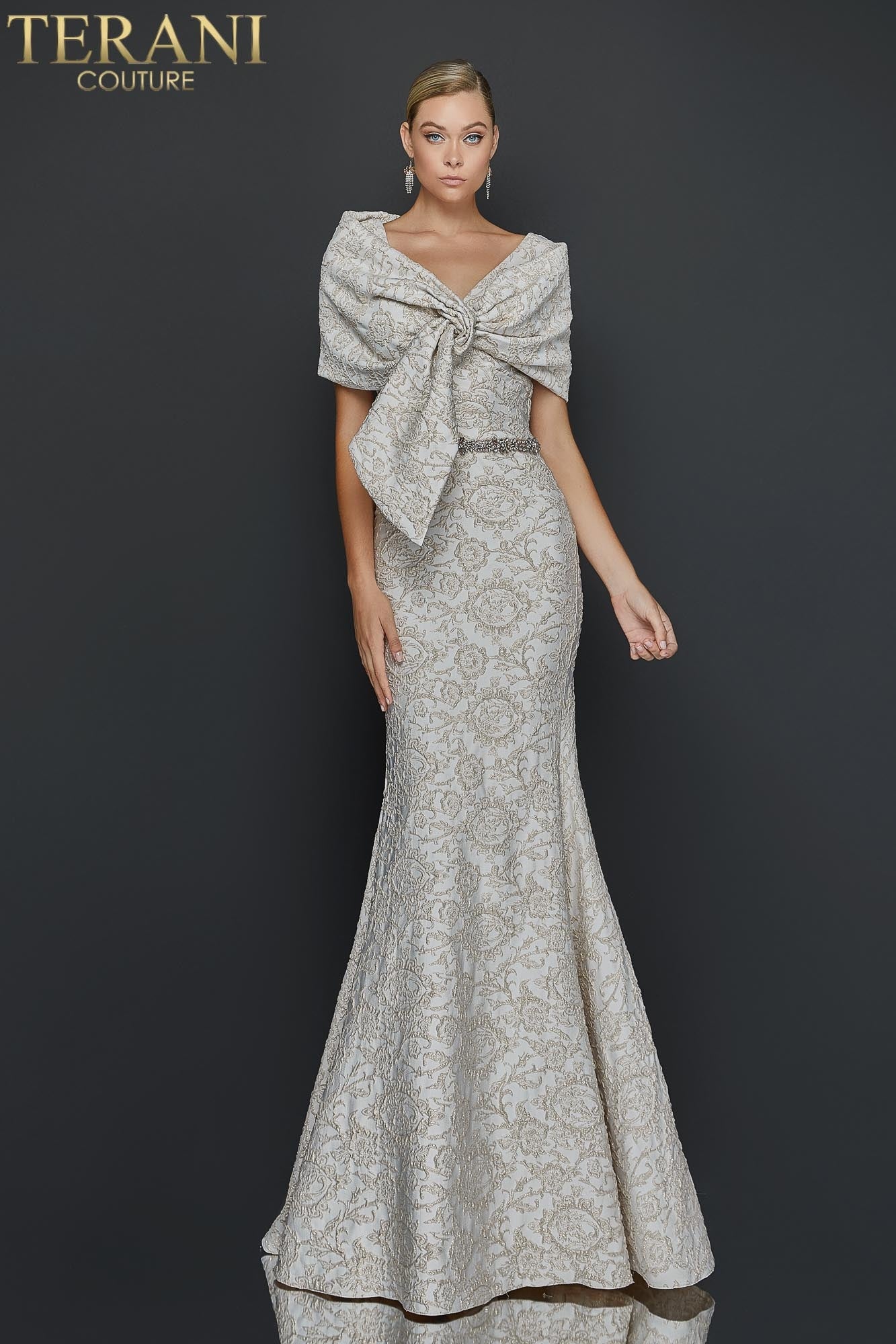 Draped off Shoulder Stretch Jacquard Gown - 1921M0726