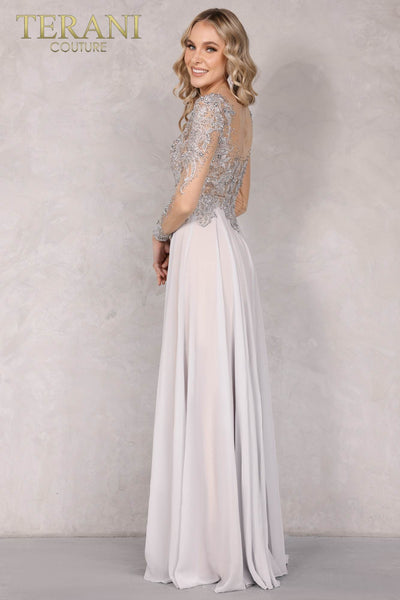 Light Silver Long Sleeves Long Chiffon Mother of the Bride Dress - 1922M0533