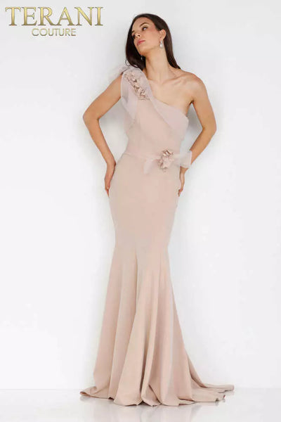 One shoulder Satin evening gown with 3D flowers - 2011E2092