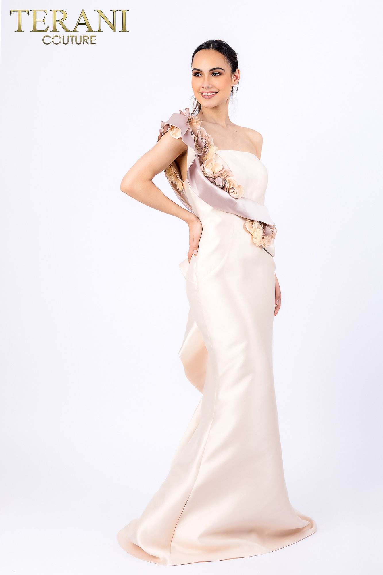 Assymetric One Shoulder Gown with Sculpted Collar and 3D Flowers - 2011E2424