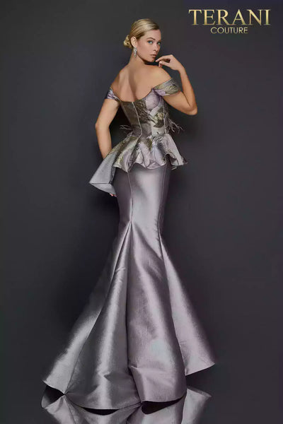 Off shoulder printed Jacquard trumpet evening gown - 2011E2425
