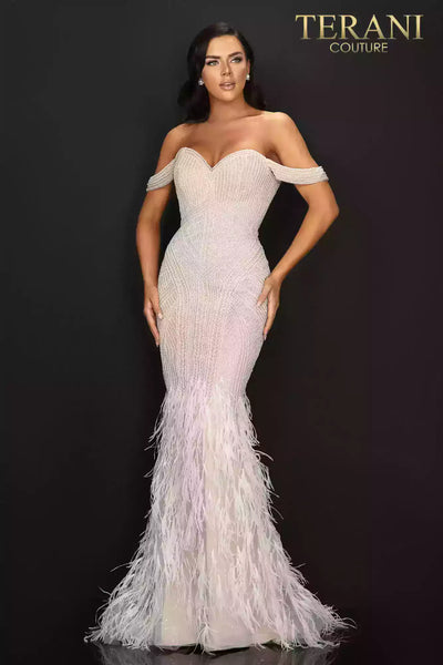 Sexy Off-Shoulder Pageant Gown with Pearls, Beading, and Feathered Skirt - 2011GL2175