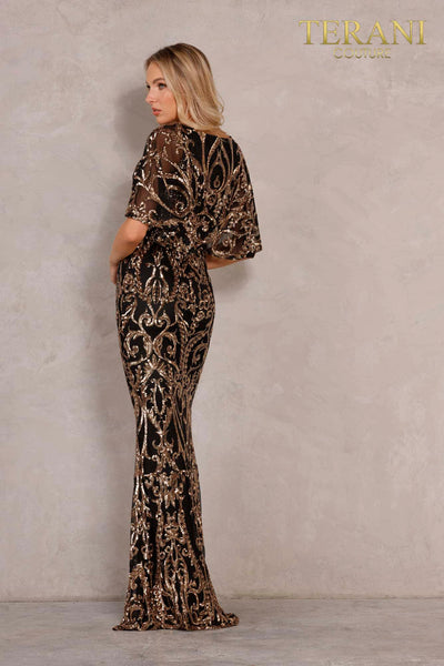 Black Gold Metallic Embroidered Cape Sleeve Dress - 2011GL2186
