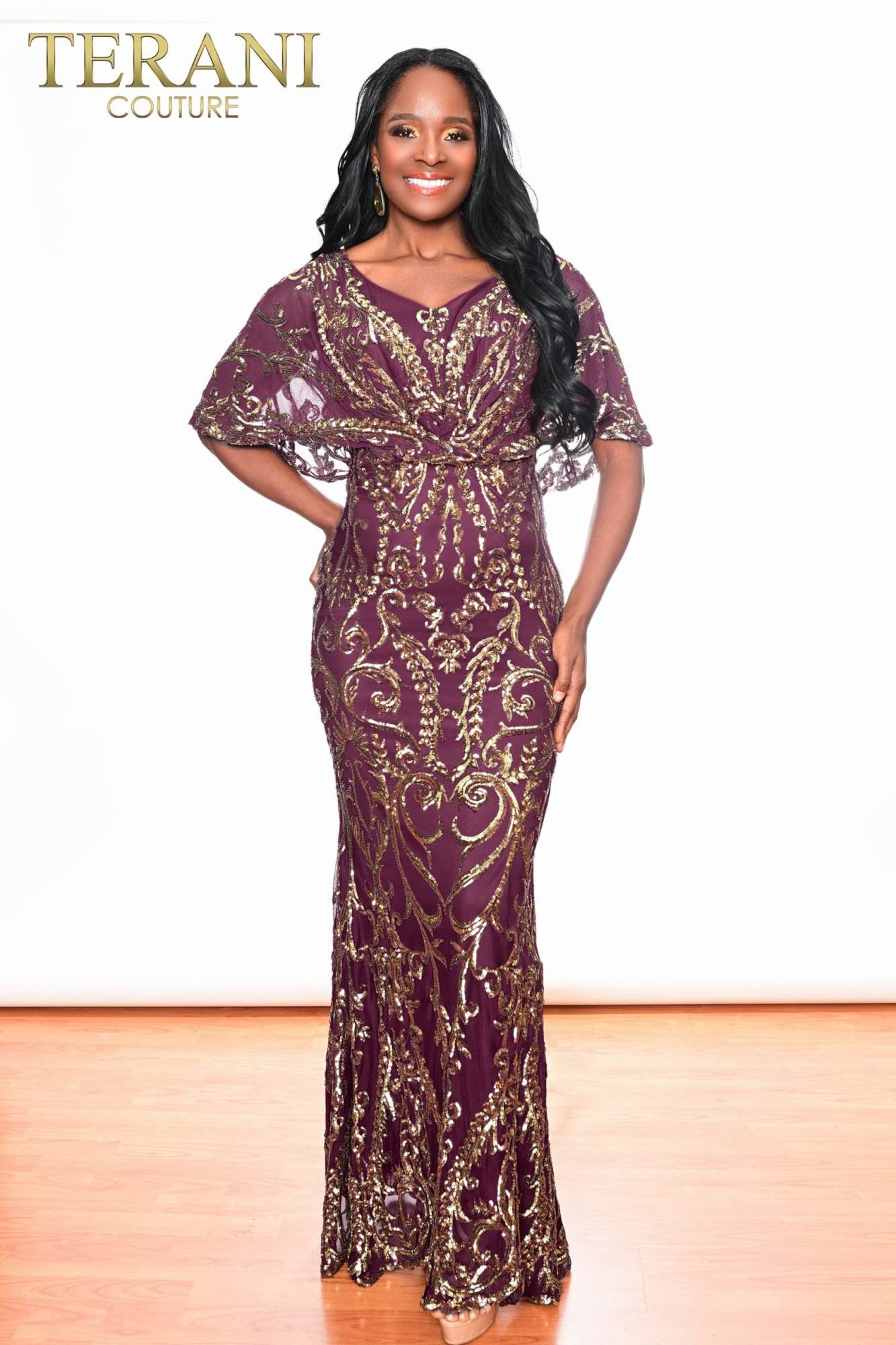 Black Gold Metallic Embroidered Cape Sleeve Dress - 2011GL2186 Black Gold Metallic Embroidered Cape Sleeve Dress - 2011GL2186
