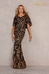 Black Gold Metallic Embroidered Cape Sleeve Dress - 2011GL2186