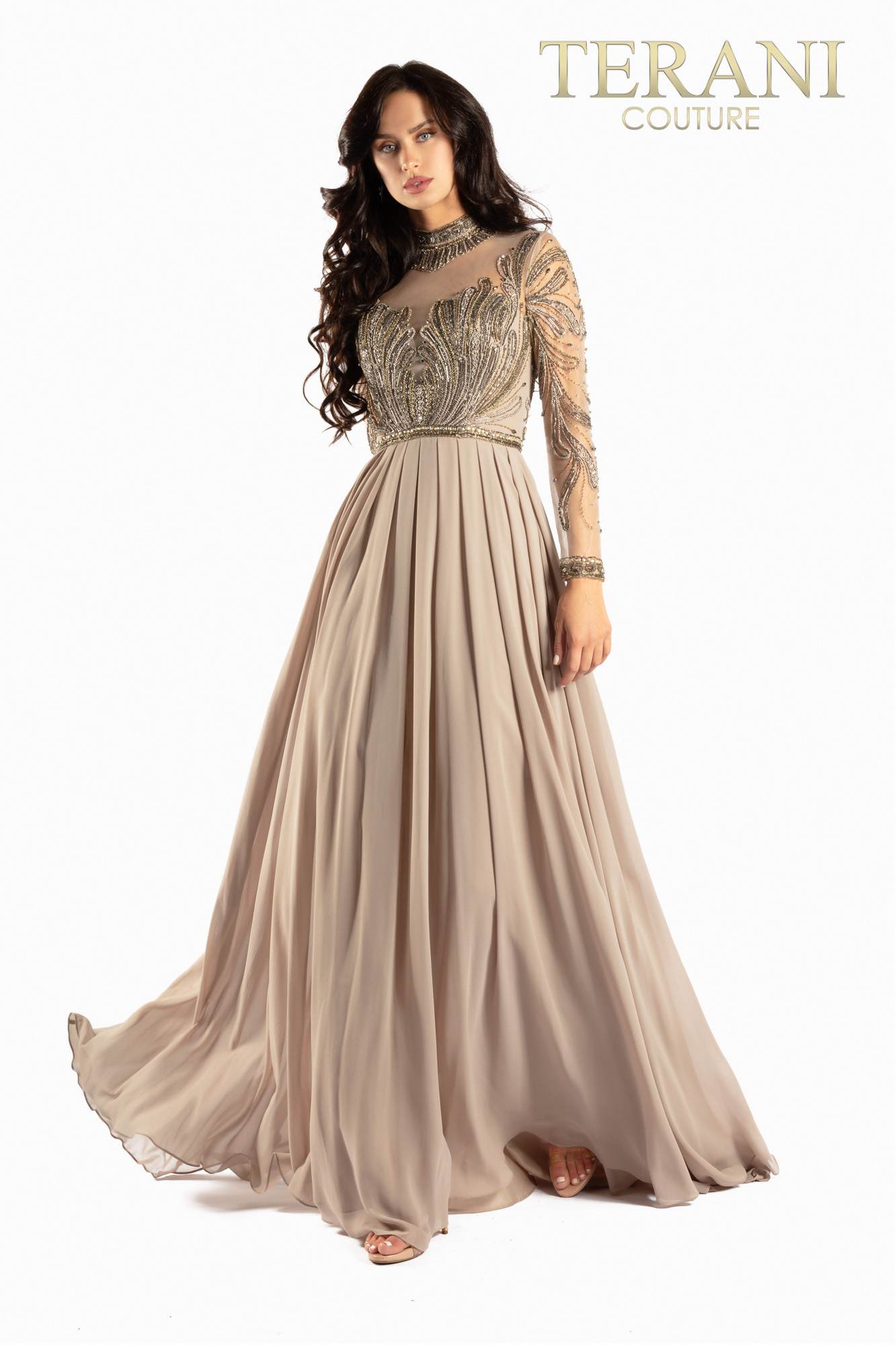 Long sleeve high neck beaded chiffon pleated skirt Mother of Bride dress - 2011M2126
