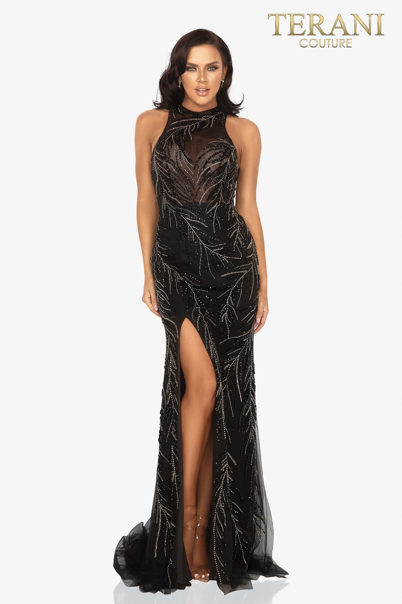 Fully Beaded Fitted Sleeveless Prom Gown with High Slit - 2011P1058
